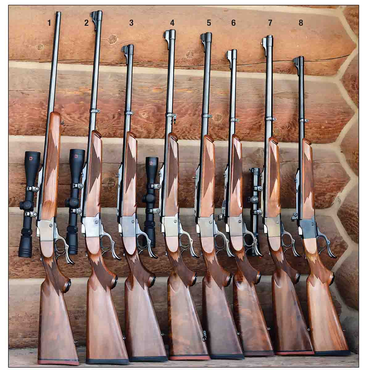 The Ruger No. 1 has been offered in more than 63 calibers. A few examples include: (1) 223 Remington, (2) 300 H&H Magnum, (3) 9.3x62mm, (4) 375 H&H Magnum, (5) 450/400 N.E. 3 inch, (6) 45-70 Government, (7) 458 Winchester Magnum and (8) 475 Linebaugh.
